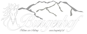 Logo des Burgerhofs in Pettneu am Arlberg mit Pferdekopf, Schriftzug und Bergsilhouette
